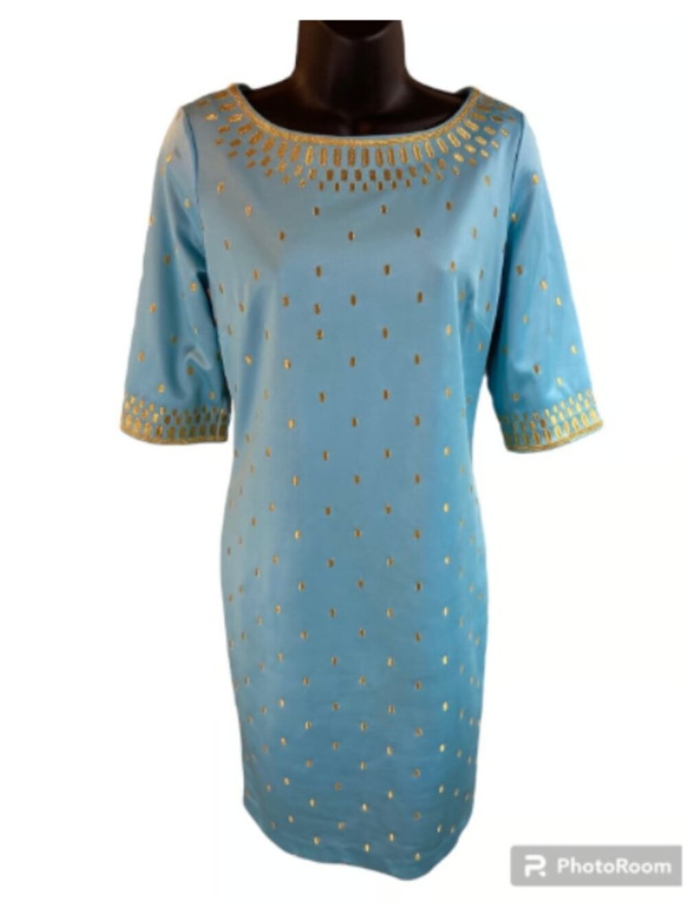 Gretchen Scott Rocket Girl Turquoise & Gold Metallic Dress Sz Small